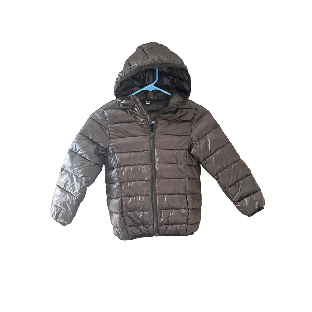 Kids Black Hooded Puffer Jacket Lightweight Quilted Zip Up Coat Size 130 7/8